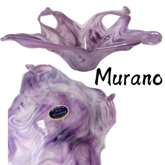 VTG MURANO 11.5" SCULPTED LAVORAZIONE ART ABSTRACT GLASS LAVENDER SHADES BOWL - Picture 1 of 7